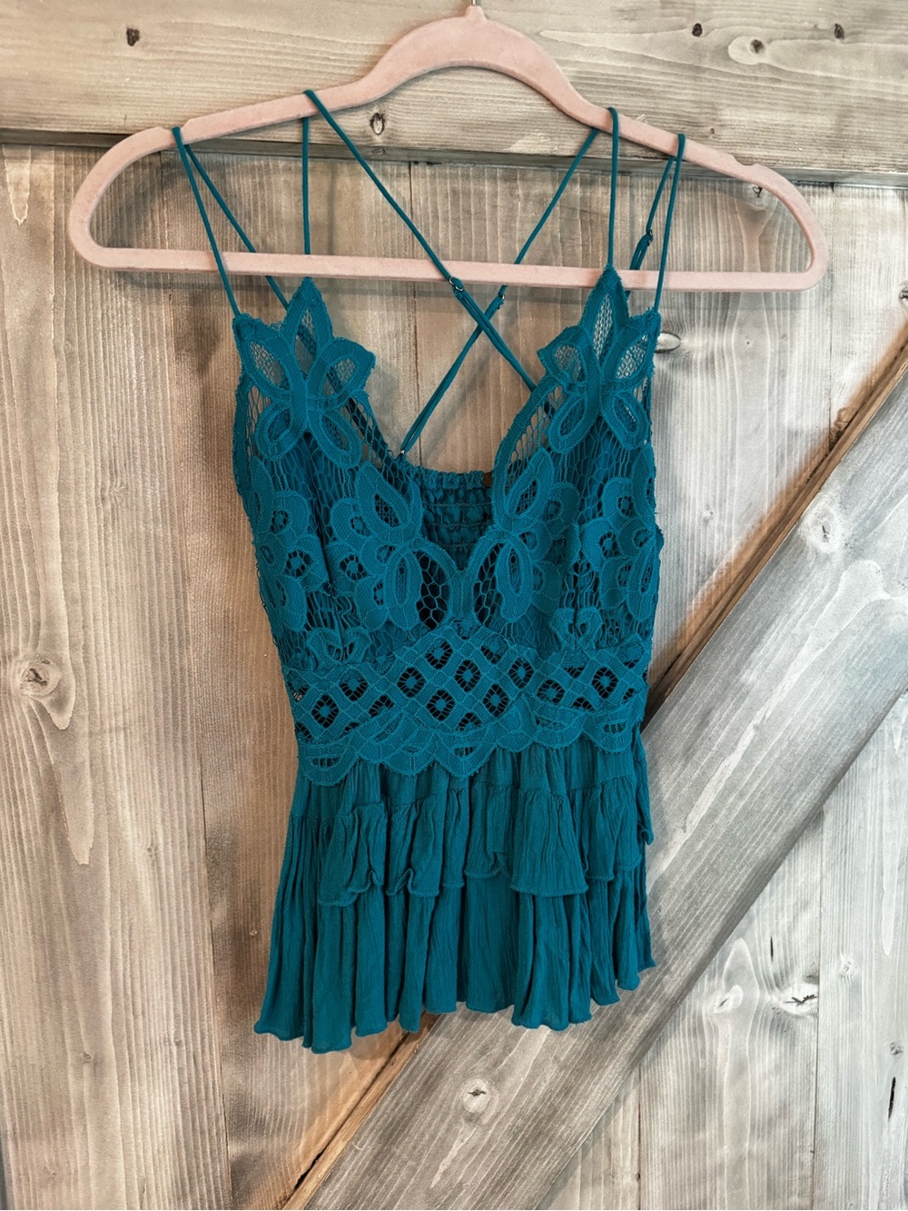Free People Teal Crochet Lace Ruffled Camisole